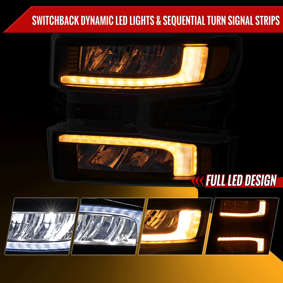 2019-2021 Chevrolet Silverado 1500 Full LED Projector Headlights with Sequential LED Turn Signal (Matte Black Housing/Smoked Lens)