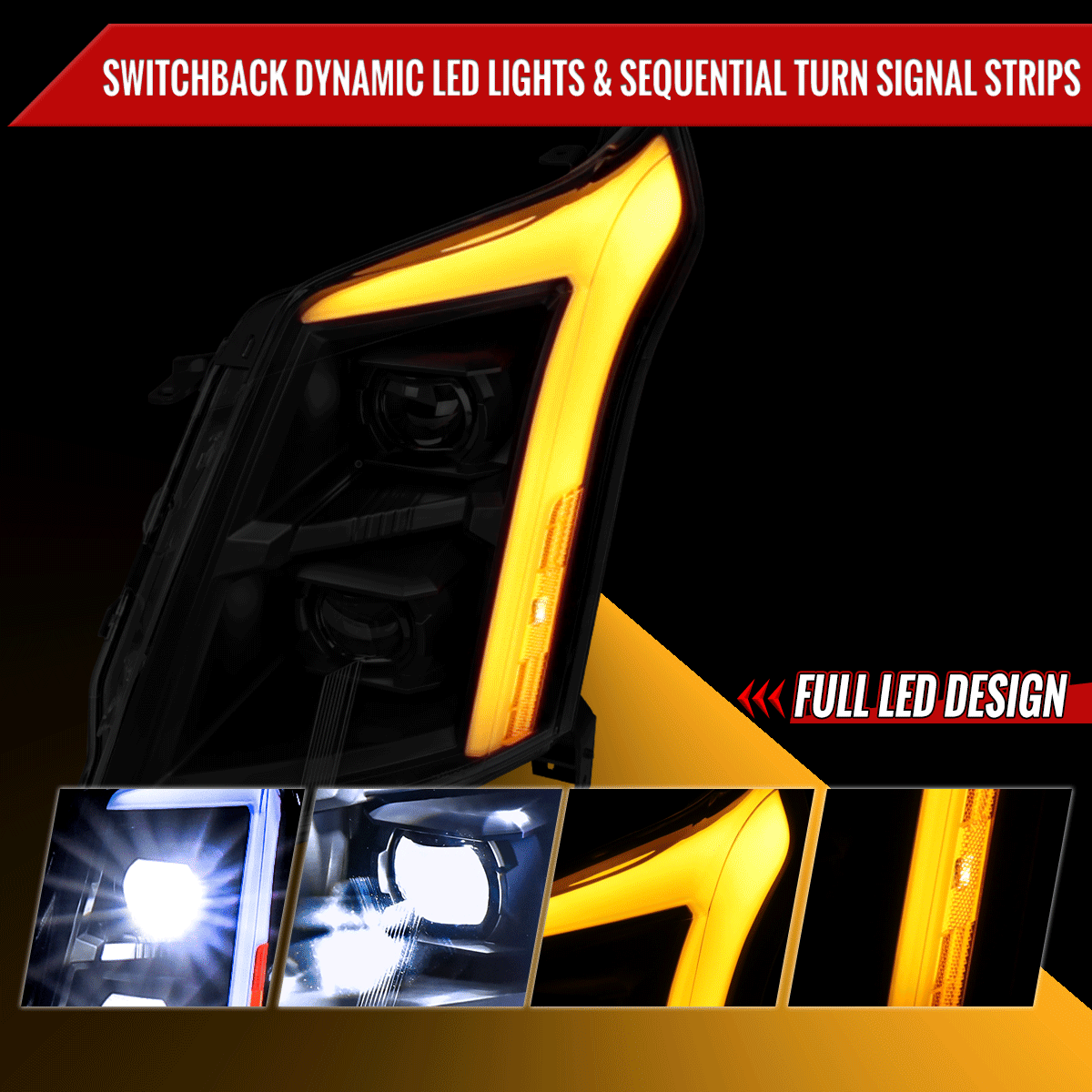2010-2016 Cadillac SRX LED Projector Headlights w/ Switchback Sequential Turn Signal Bar (Matte Black Housing/Smoked Lens)