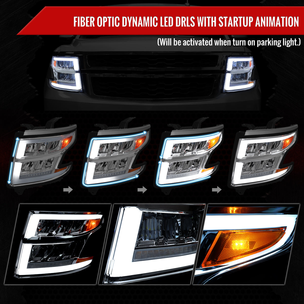 2015-2020 Chevrolet Tahoe Suburban Full LED DRL Sequential Headlights (Chrome Housing / Clear Lens)