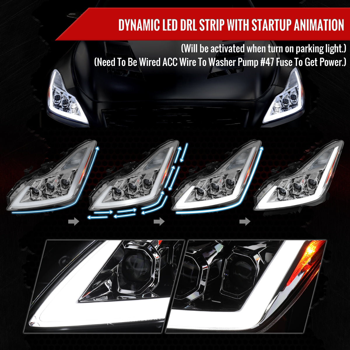 2008-2013 Infiniti G37/2014-2015 Q60 Coupe/Convertible Sequential Switchback LED Turn Signal Full LED Triple Projector Headlights (Chrome Housing / Clear Lens)