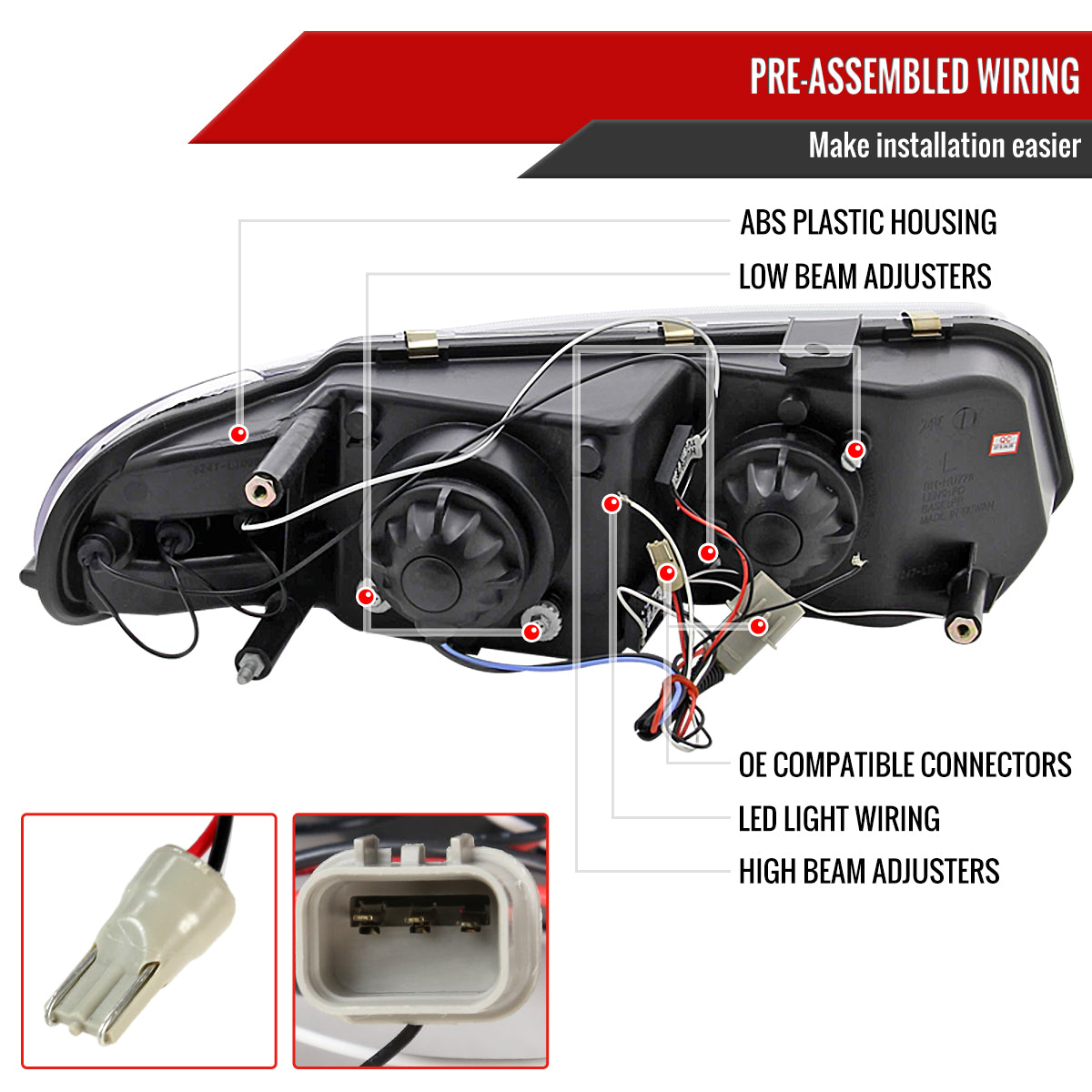 1997-2000 Dodge Avenger Chrysler Sebring Coupe Dual Halo Projector Headlights (Matte Black Housing/Clear Lens)