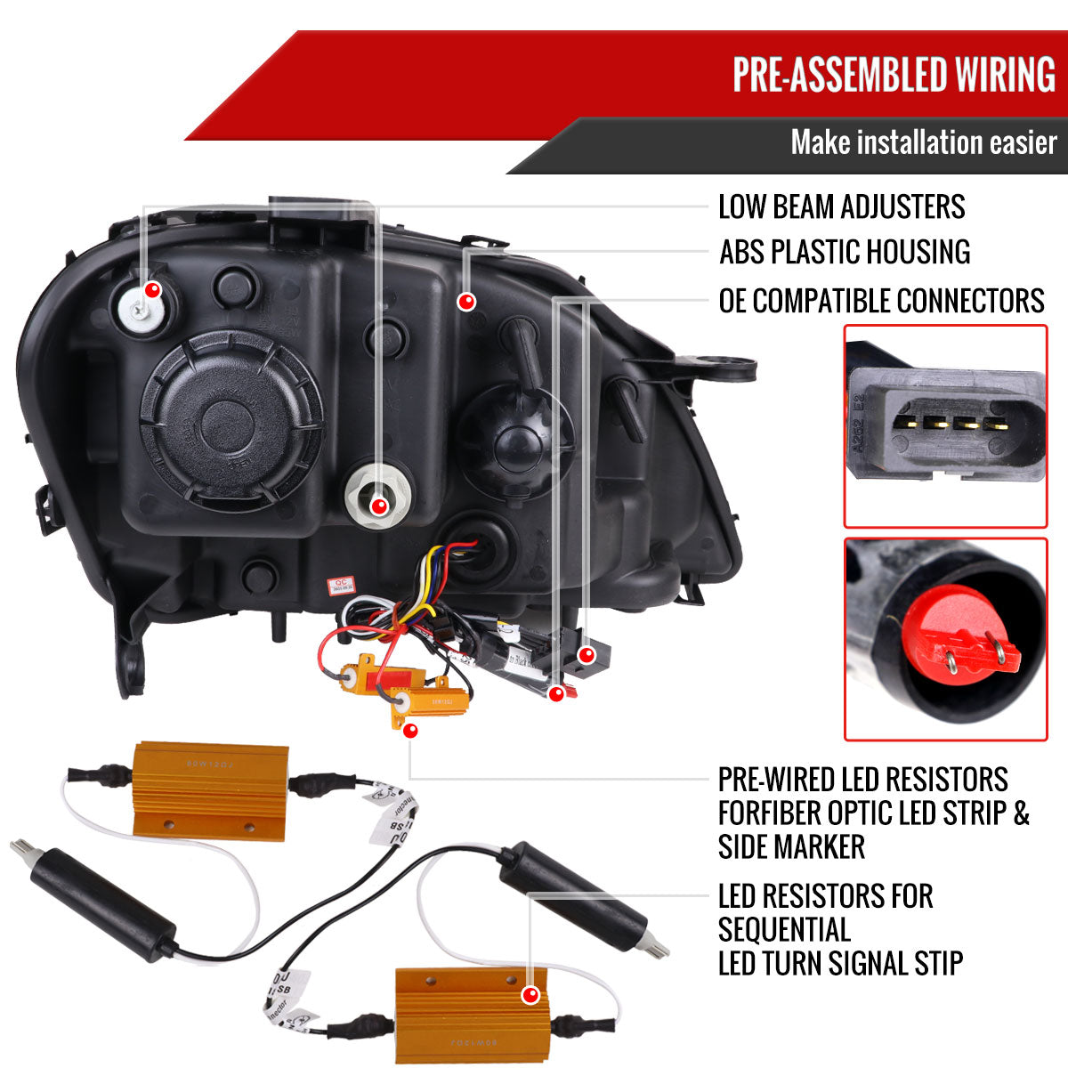 2009-2011 Mercedes Benz W164 ML-Class LED Sequetial Turn Signal Projector Headlights (Glossy Black Housing/Clear Lens)