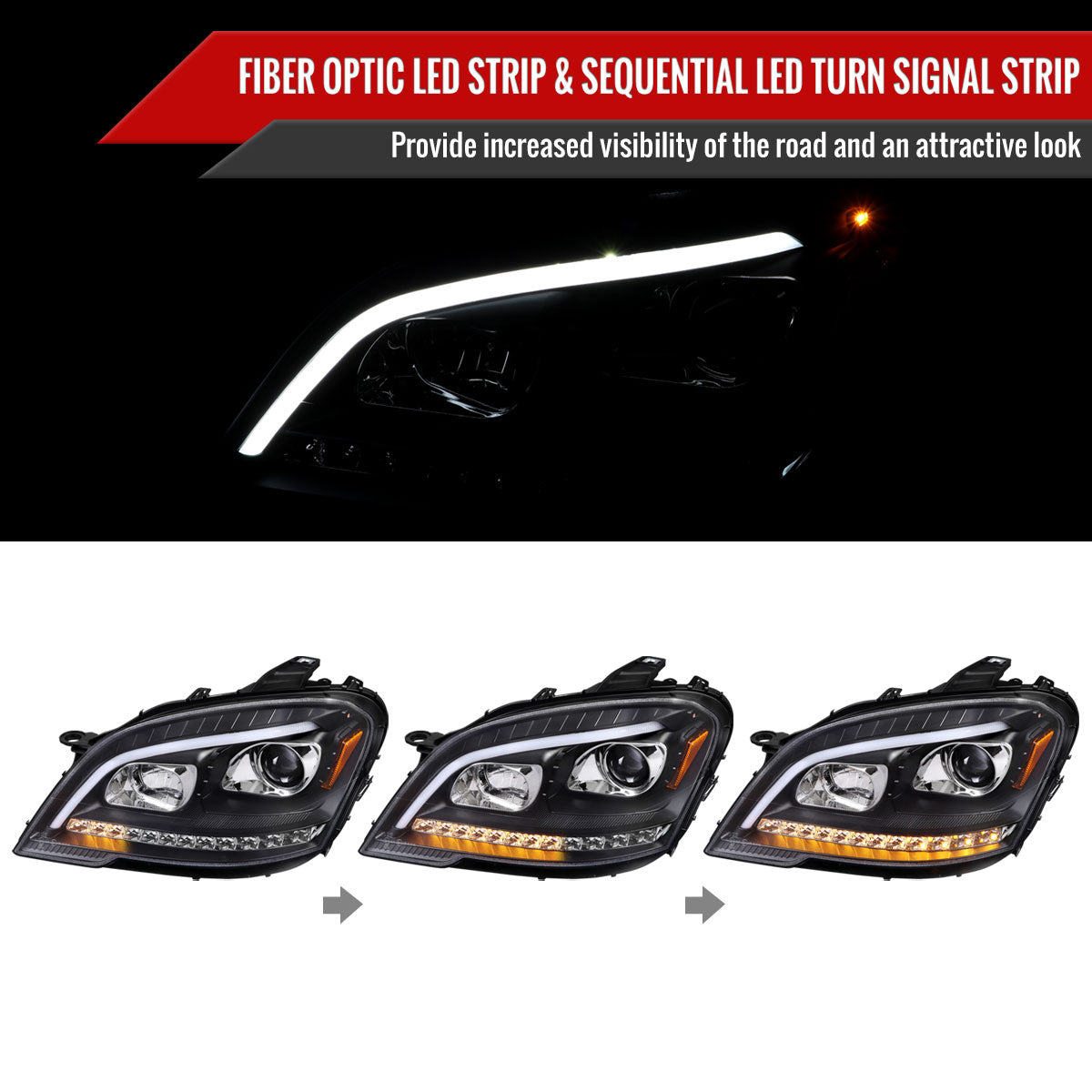 2009-2011 Mercedes Benz W164 ML-Class LED Sequetial Turn Signal Projector Headlights (Matte Black Housing/Clear Lens)