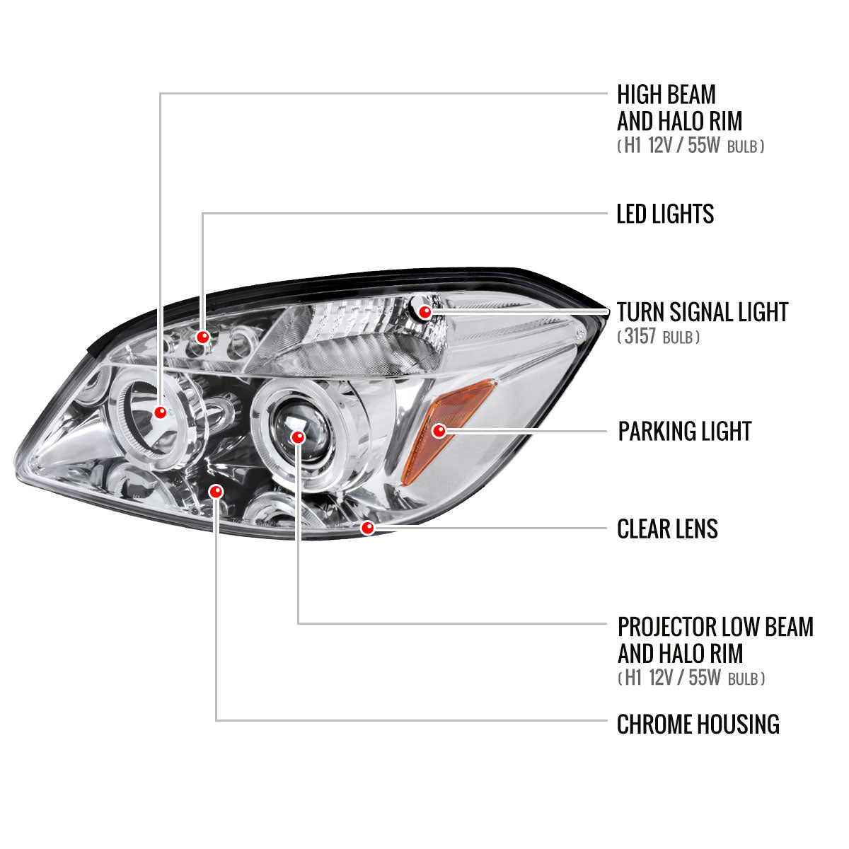 2005-2010 Chevrolet Cobalt Pontiac G5/Pursuit Dual Halo Projector Headlights (Chrome Housing/Clear Lens)