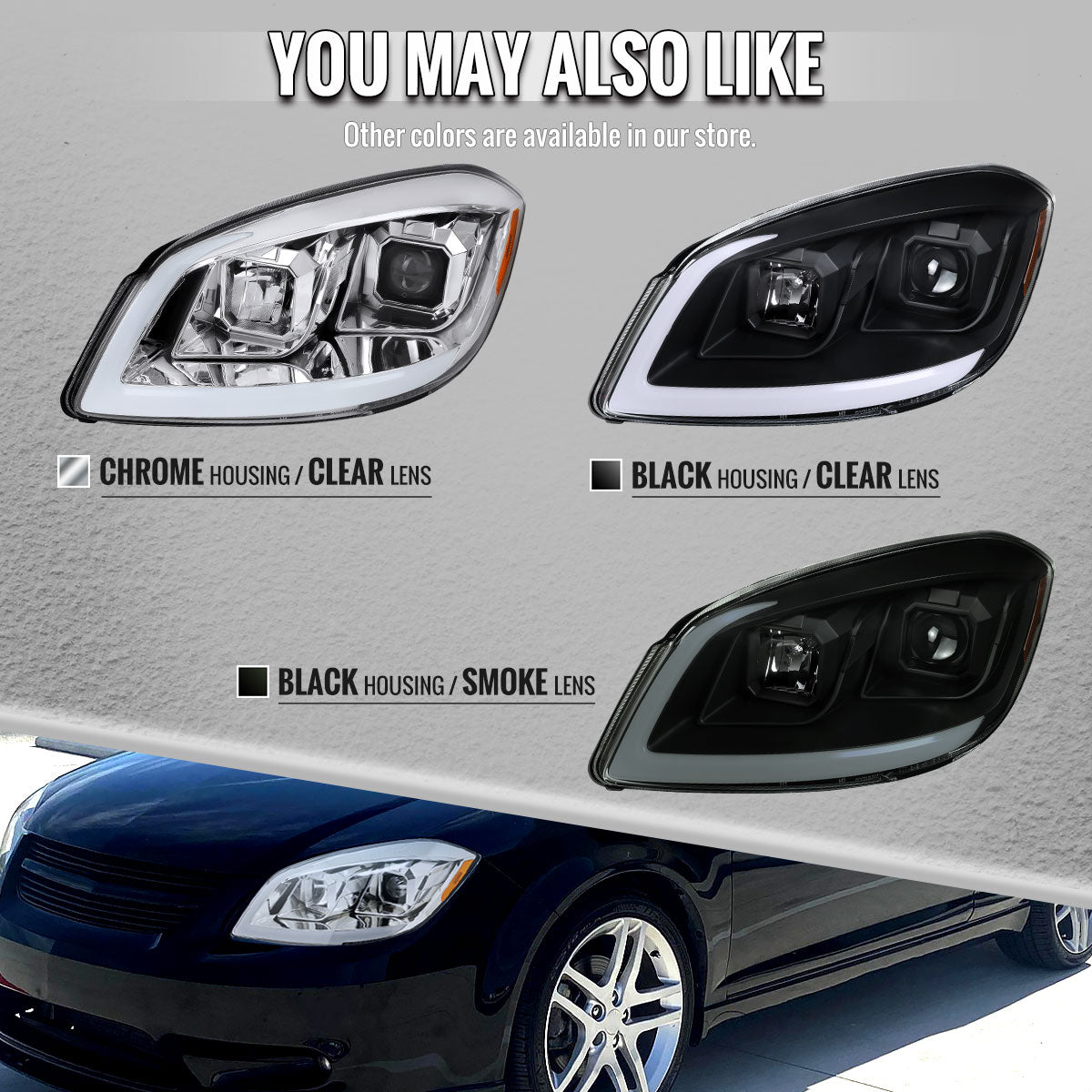2005??2010 Chevrolet Cobalt Pontiac G5/Pursuit LED Bar Projector Headlights w/ LED DRL Light Tube (Matte Black Housing / Clear Lens)