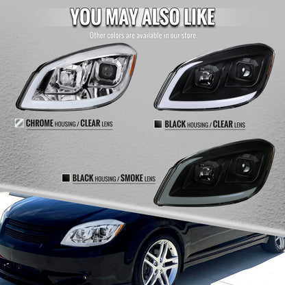 2005??2010 Chevrolet Cobalt Pontiac G5/Pursuit LED Bar Projector Headlights w/ LED DRL Light Tube (Matte Black Housing / Clear Lens)