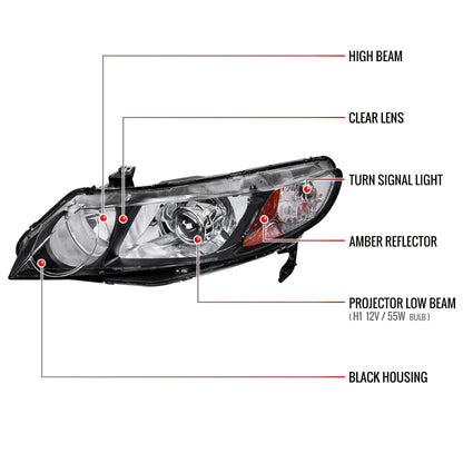 2006-2011 Honda Civic Sedan Retro Style Projector Headlights (Matte Black Housing/Clear Lens)
