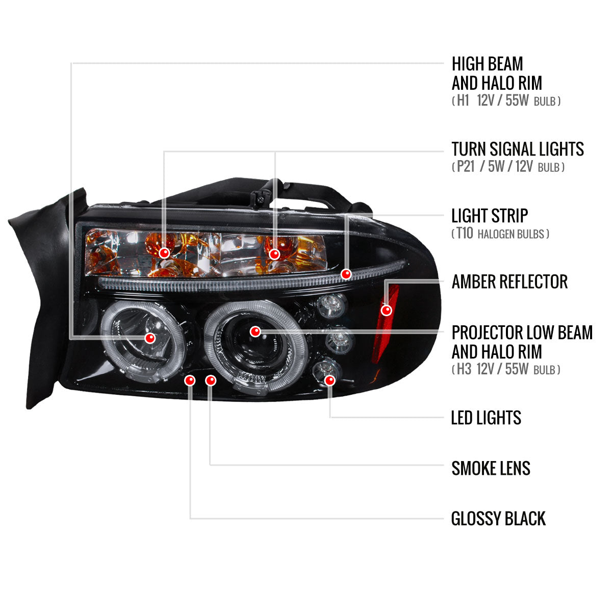 1997-2004 Dodge Dakota/ 1998-2003 Durango Dual Halo Projector Headlights (Glossy Black Housing/Smoked Lens)