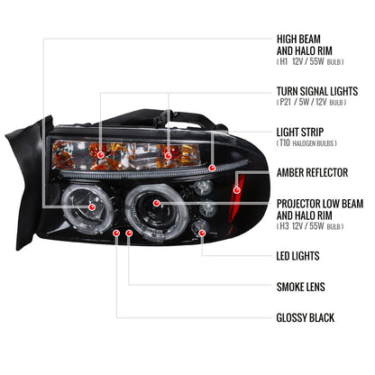1997-2004 Dodge Dakota/ 1998-2003 Durango Dual Halo Projector Headlights (Glossy Black Housing/Smoked Lens)