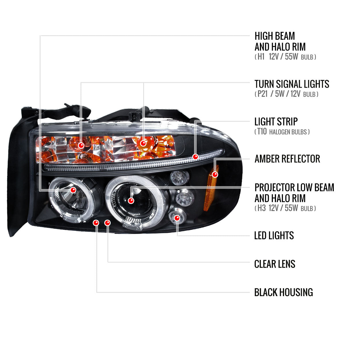 1997-2004 Dodge Dakota/ 1998-2003 Durango Dual Halo Projector Headlights (Matte Black Housing/Clear Lens)