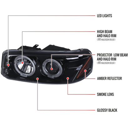 1999-2006 GMC Sierra/ 2000-2006 Yukon/Yukon XL Dual Halo Projector Headlights (Glossy Black Housing/Smoked Lens)
