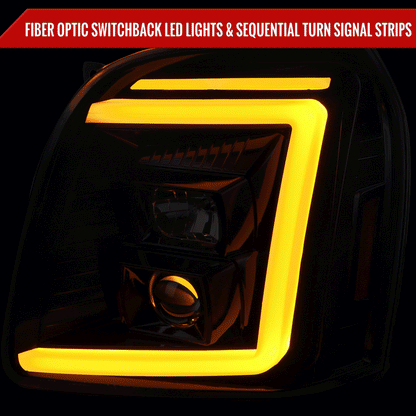 2007-2014 GMC Yukon/XL 1500/XL 2500 Switchback Sequential LED Turn Signal Projector Headlights (Glossy Black Housing/Smoked Lens)