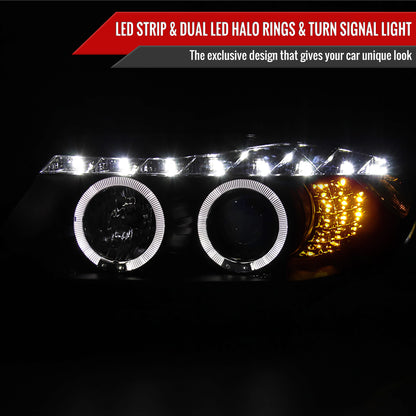 2006-2008 BMW E90 3 Series Sedan Dual Halo Projector Headlights w/ LED Light Strip & LED Turn Signal Lights (Matte Black Housing/Clear Lens)