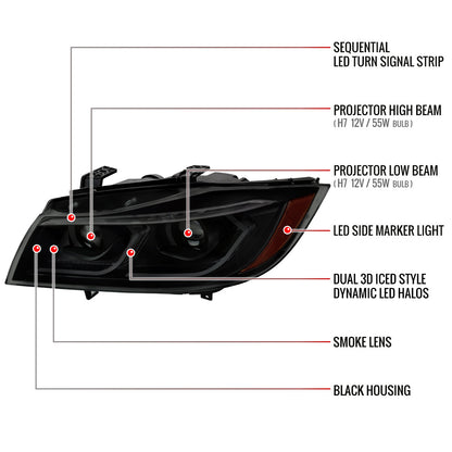 2006-2011 BMW E90 3 Series Sedan 3D Iced LED Dual Projector Headlights (Matte Black Housing/Smoked Lens)
