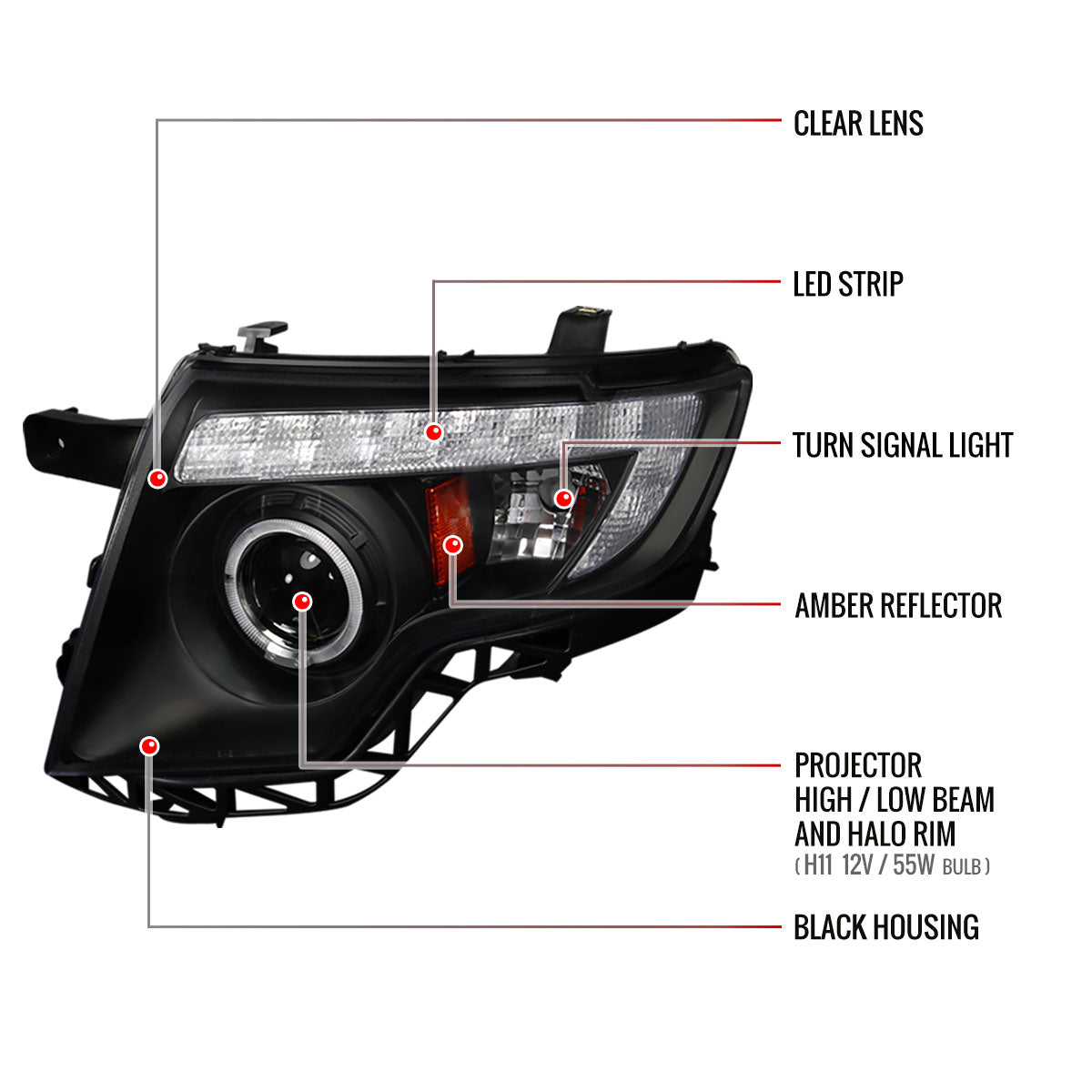 2007-2010 Ford Edge Halo Projector Headlights w/ LED Light Strip (Matte Black Housing/Clear Lens)