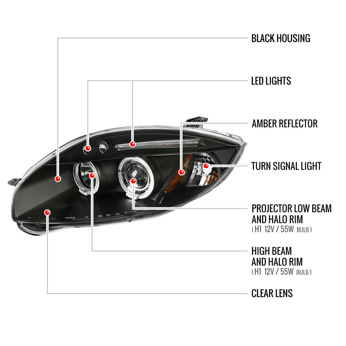 2006-2011 Mitsubishi Eclipse Dual Halo Projector Headlights (Matte Black Housing/Clear Lens)