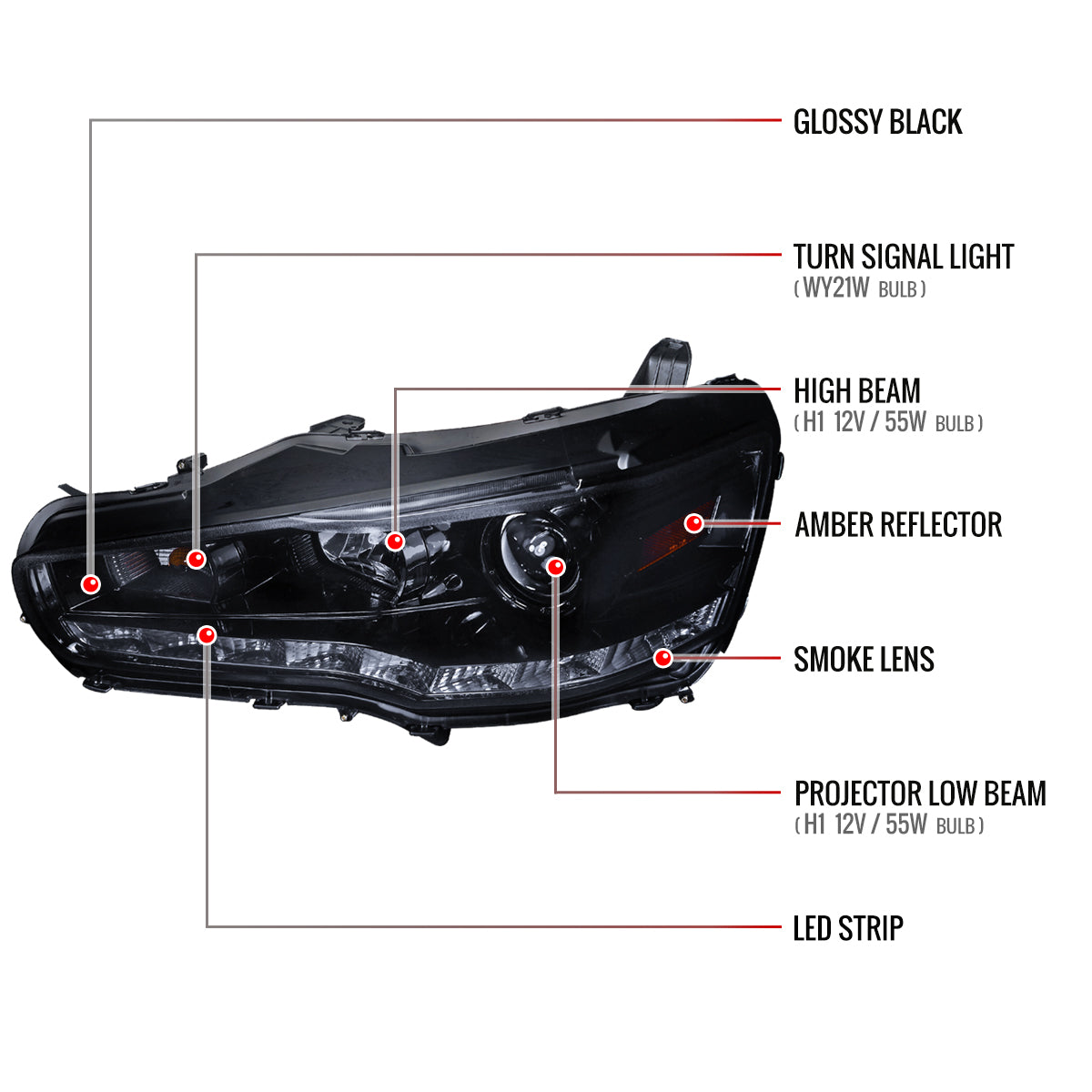 2008-2015 Mitsubishi Lancer EVO Projector Headlights w/ SMD LED Light Strip (Glossy Black Housing/Smoked Lens)
