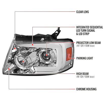 2004-2008 Ford F-150/ 2006-2008 Lincoln Mark LT Switchback Sequential LED C-Bar Projector Headlights (Chrome Housing/Clear Lens)