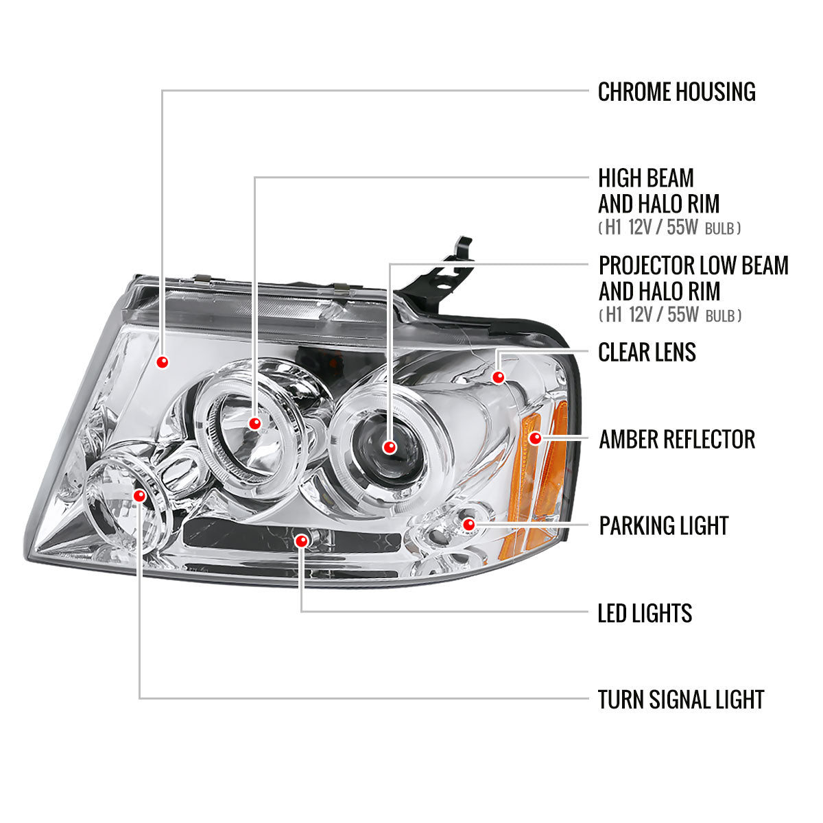 2004-2008 Ford F-150/ 2006-2008 Lincoln Mark LT Dual Halo Projector Headlights (Chrome Housing/Clear Lens)