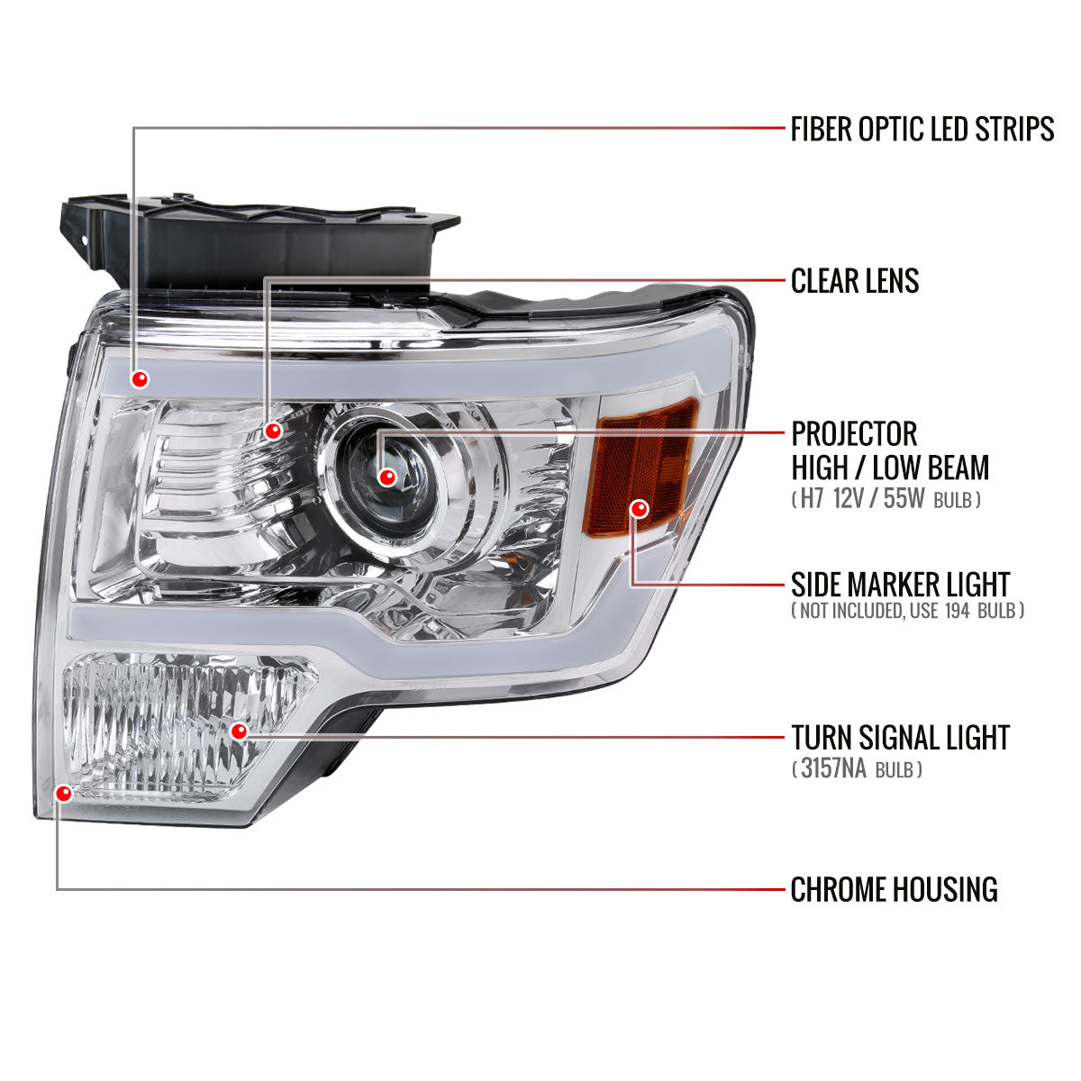 2009-2014 Ford F-150 LED Strip Projector Headlights (Chrome Housing/Clear Lens)