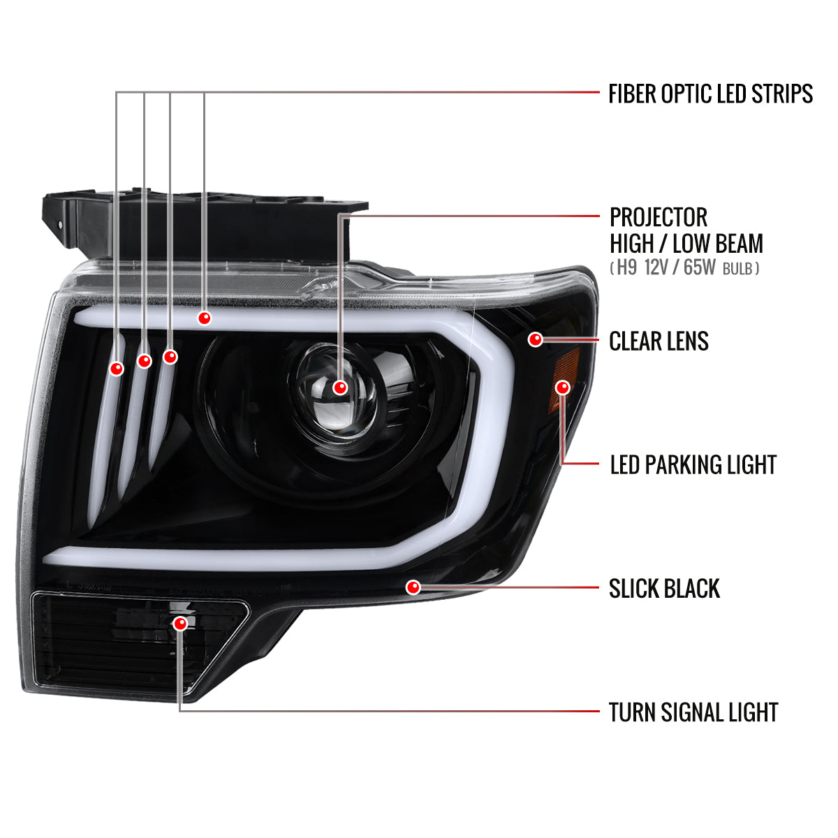2009-2014 Ford F-150 LED C-Bar Projector Headlights (Jet Black Housing/Clear Lens)