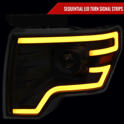 2009-2014 Ford F-150 Switchback Sequential LED Turn Signal Projector Headlights (Matte Black Housing/Clear Lens)