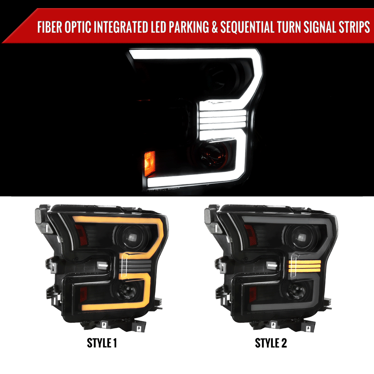 2015-2017 Ford F-150 LED Bar Projector Headlights w/ Switchback Sequential Turn Signals (Black Housing / Smoked Lens)