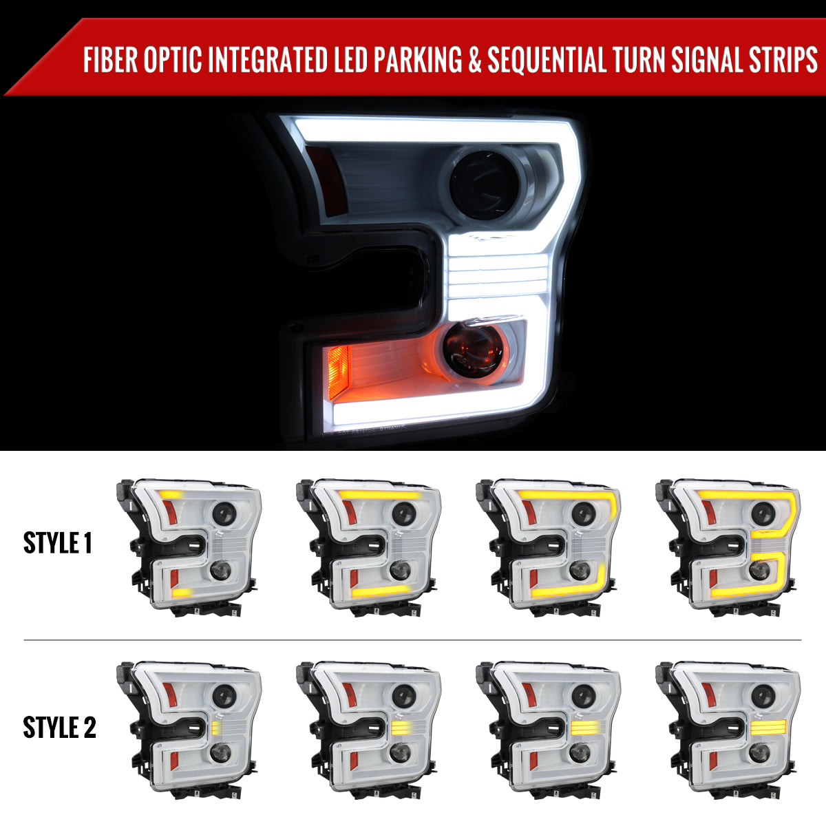 2015-2017 Ford F-150 LED Bar Projector Headlights w/ Switchback Sequential Turn Signals (White Housing / Clear Lens)