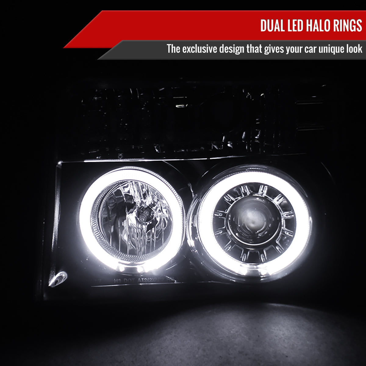 1992-1996 Ford F-150 F-250 F-350 Bronco Dual Halo Projector Headlights (Glossy Black Housing/Smoked Lens)