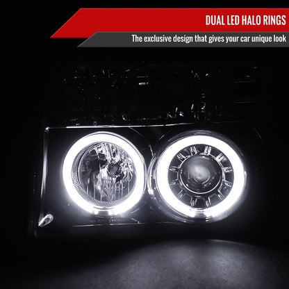1992-1996 Ford F-150 F-250 F-350 Bronco Dual Halo Projector Headlights (Glossy Black Housing/Smoked Lens)