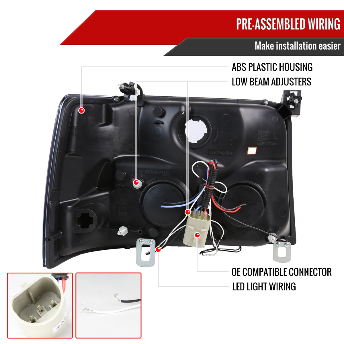 1992-1996 Ford F-150 F-250 F-350 Bronco Dual Halo Projector Headlights (Glossy Black Housing/Smoked Lens)