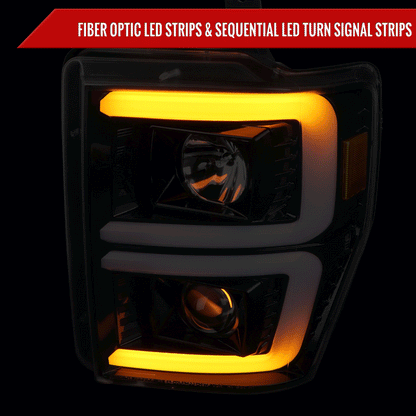 2008-2010 Ford F-250/F-350/F-450/F-550 LED Sequential Turn Signal Bar Projector Headlights (Jet Black Housing/Clear Lens)