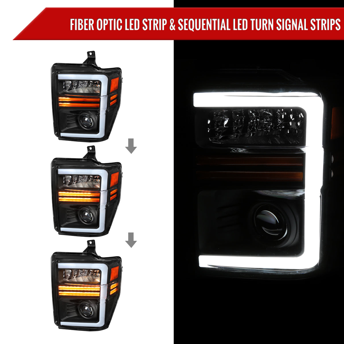 2008-2010 Ford F-250/F-350/F-450/F-550 Super Duty Projector Headlights w/ LED Sequential Turn Signal (Matte Black Housing/Clear Lens)