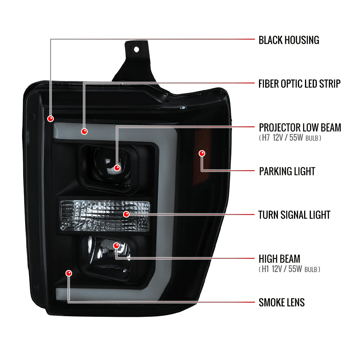 2008-2010 Ford F-250 F-350 F-450 LED C-Bar Projector Headlight (Black Housing/Smoked Lens)