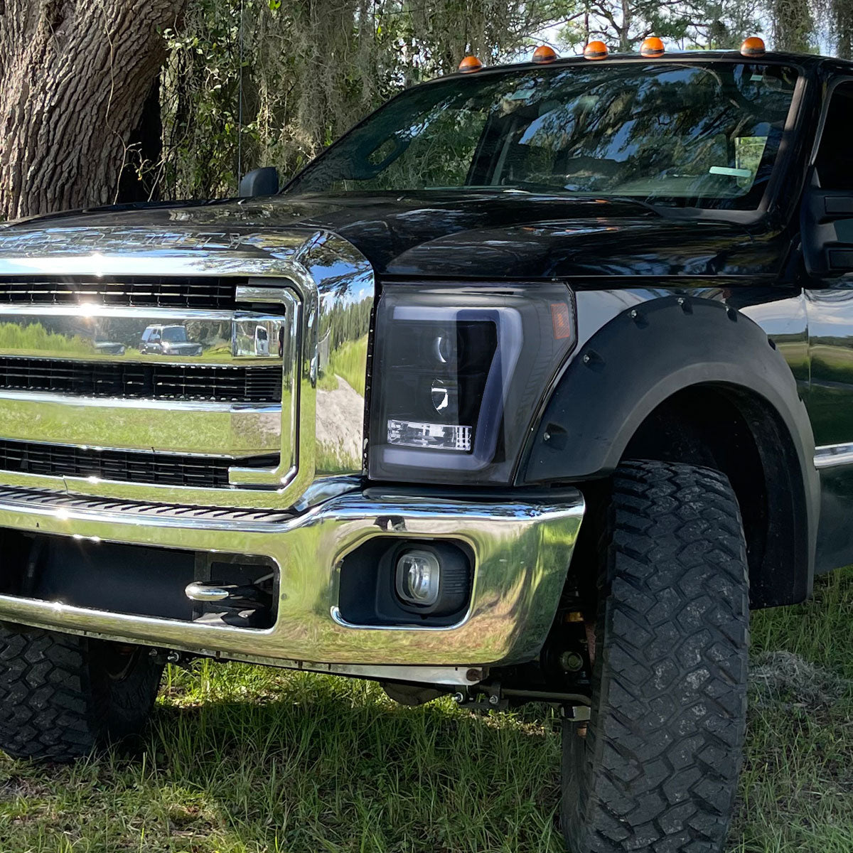 2011-2016 F-250/F-350/F-450/F-550 LED C-Bar Projector Headlights (Glossy Black Housing/Smoked Lens)