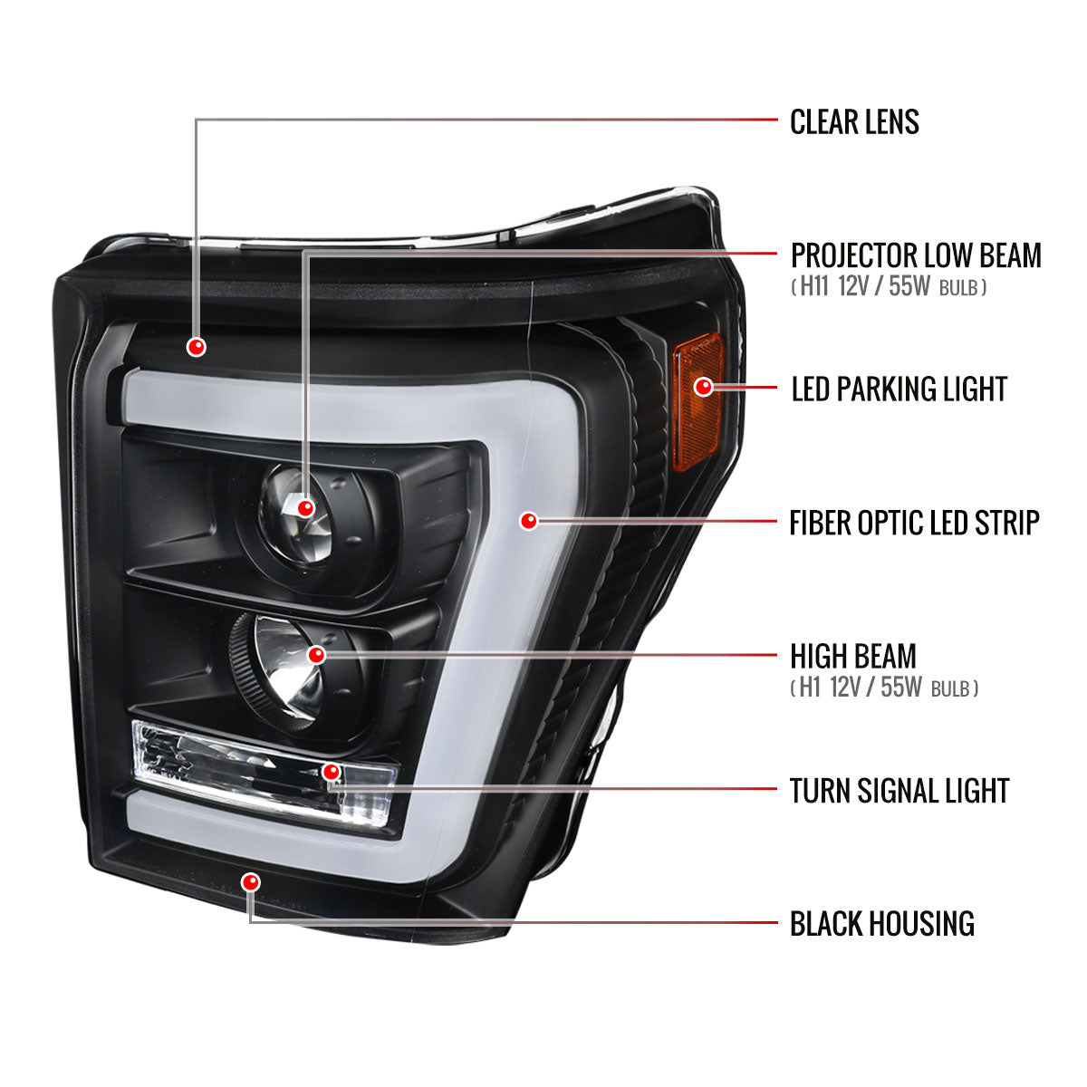 2011-2016 F-250/F-350/F-450/F-550 Super Duty LED C-Bar Projector Headlights (Matte Black Housing/Clear Lens)