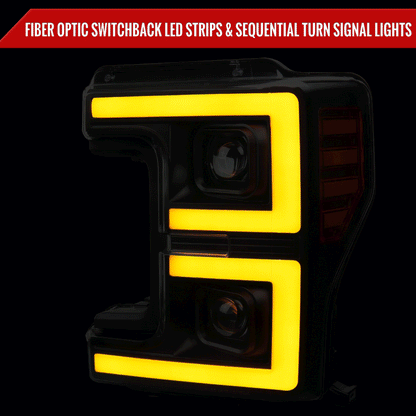 2017-2019 Ford F-250 F-350 F-450 F-550 LED C-Bar Projector Headlights w/ Switchback Sequential Turn Signals (Glossy Black Housing/Smoked Lens)