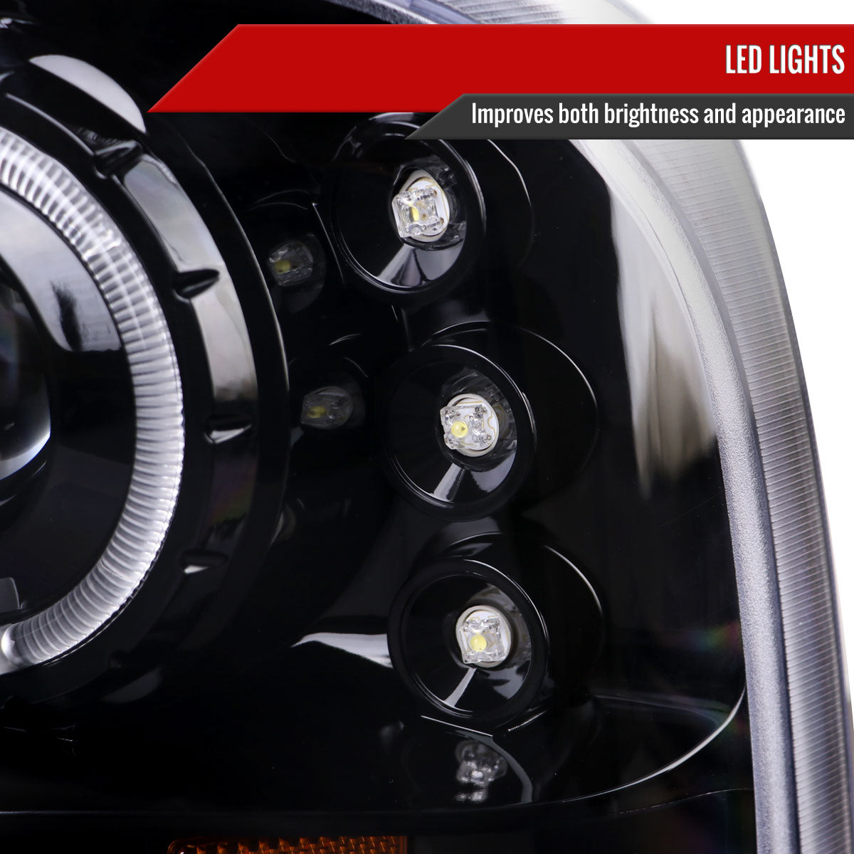 1999-2004 Ford F-250/F-350/F-450/F-550/Excursion Dual Halo Projector Headlights (Jet Black Housing/Clear Lens)