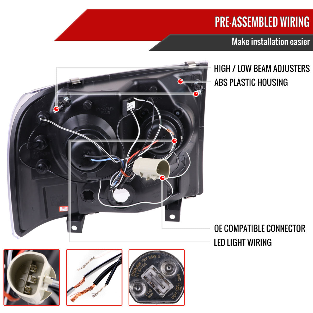 1999-2004 Ford F-250/F-350/F-450/F-550/Excursion Dual Halo Projector Headlights (Jet Black Housing/Clear Lens)