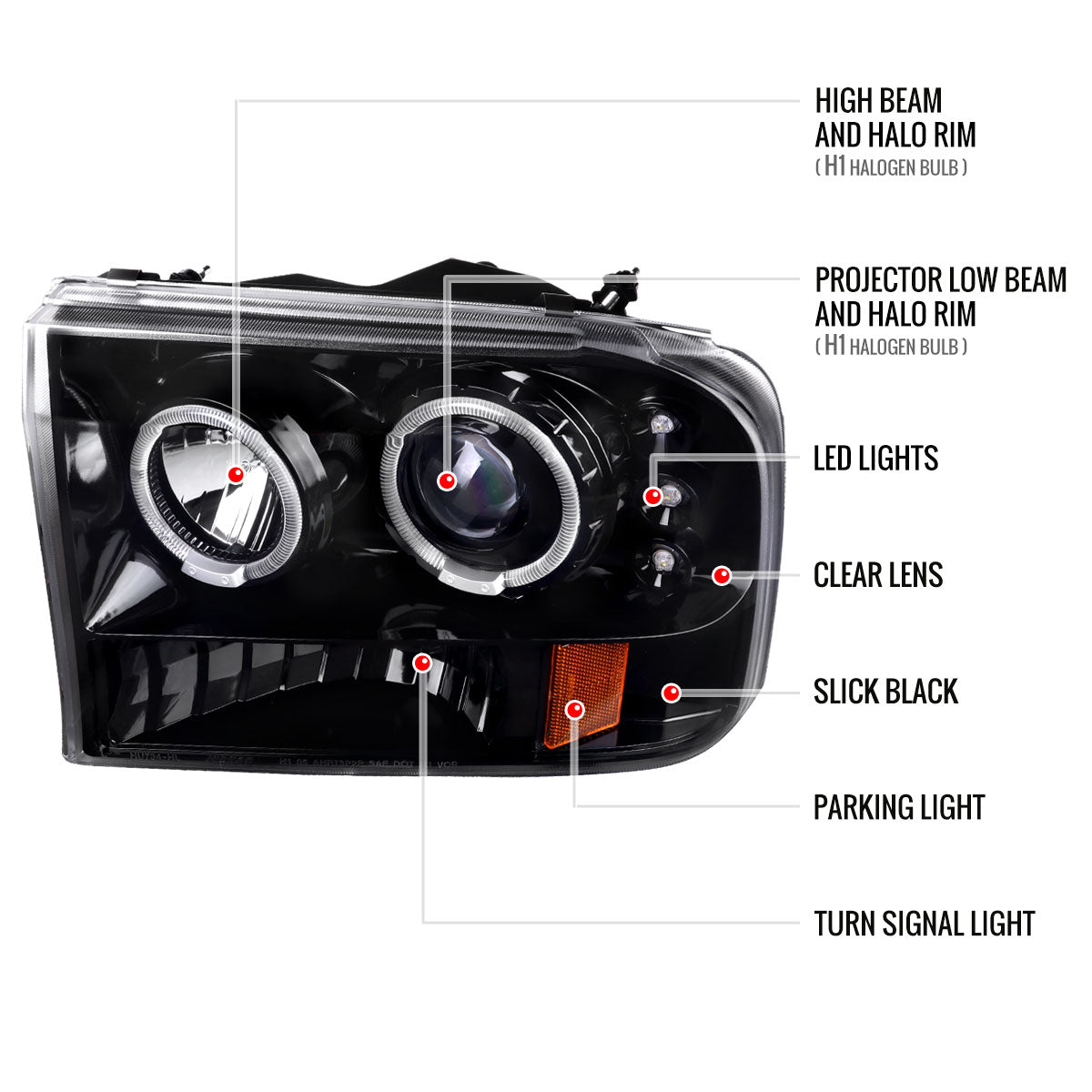 1999-2004 Ford F-250/F-350/F-450/F-550/Excursion Dual Halo Projector Headlights (Jet Black Housing/Clear Lens)