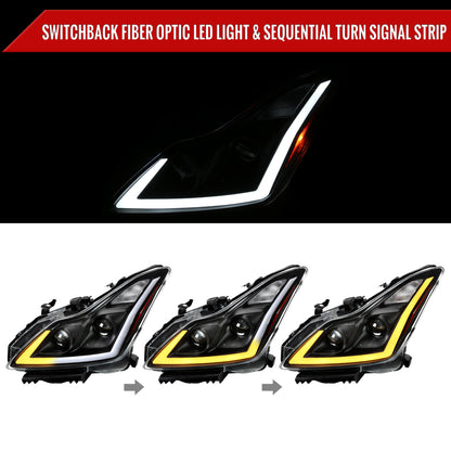 2008-2013 Infiniti G37/2014-2015 Q60 Coupe/Convertible Sequential Switchback LED Turn Signal Projector Headlights (Matte Black Housing/Clear Lens)
