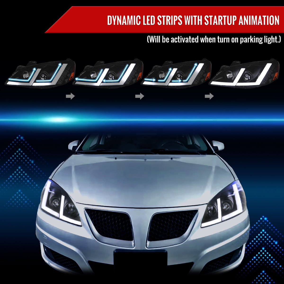 2005-2010 Pontiac G6 Projector Factory Style Headlight with LED Bar Turn Signal (Matte Black Housing/Clear Lens)