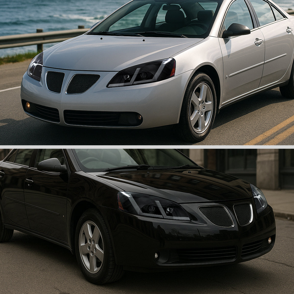 2005-2010 Pontiac G6 Projector Headlights w/ LED Light Strip Sequential Switchback(Black Housing / Smoked Lens)
