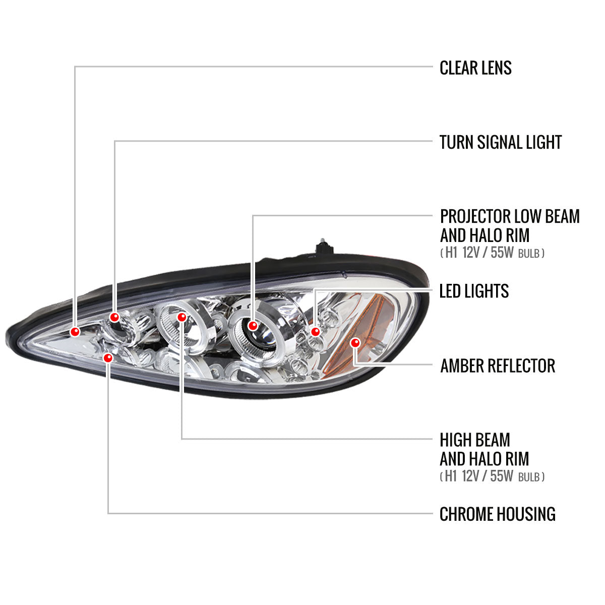 1999-2005 Pontiac Grand AM Dual Halo Projector Headlights (Chrome Housing/Clear Lens)