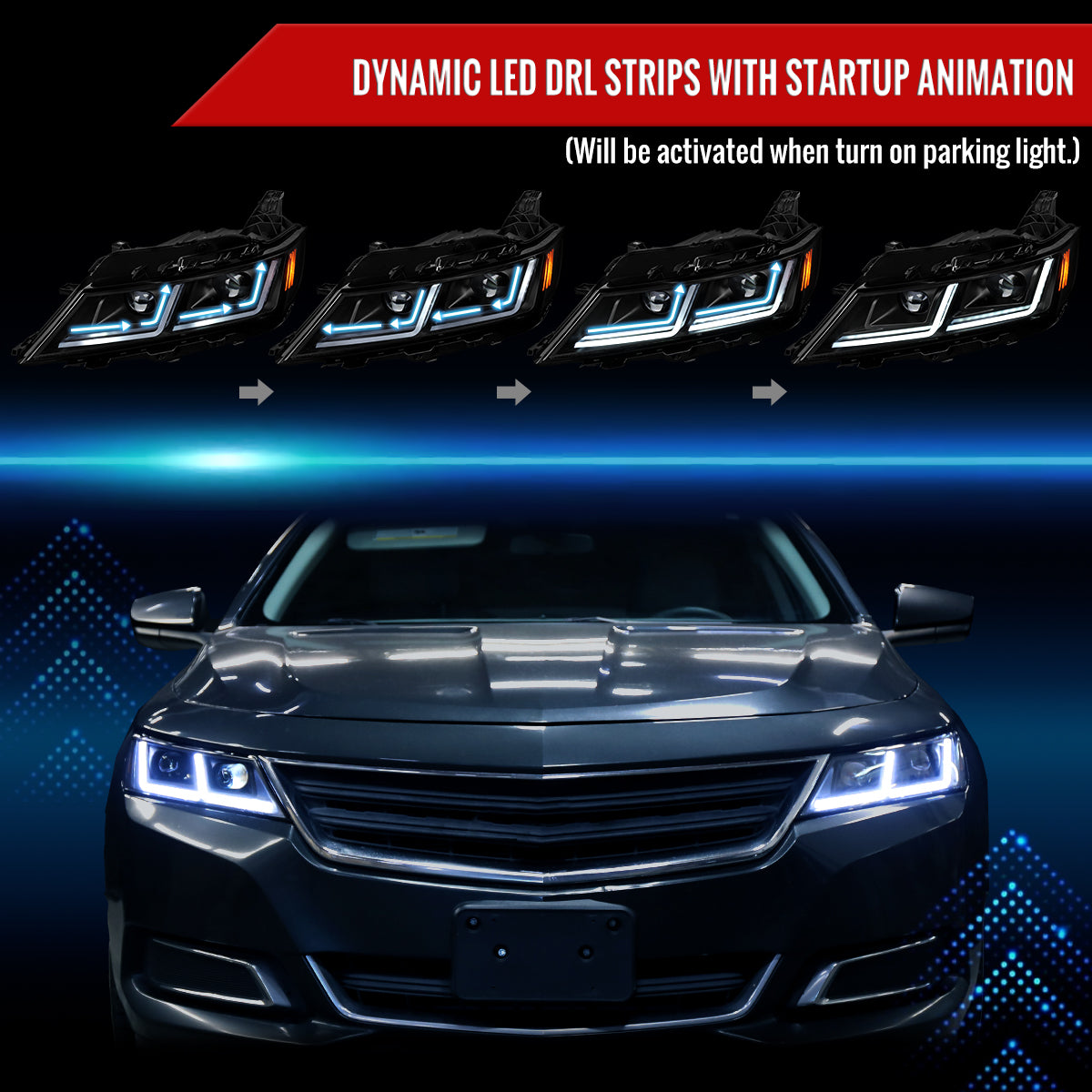 2014-2020 Chevy Impala Full LED DRL Sequential Headlights (Matte Black Housing / Clear Lens)