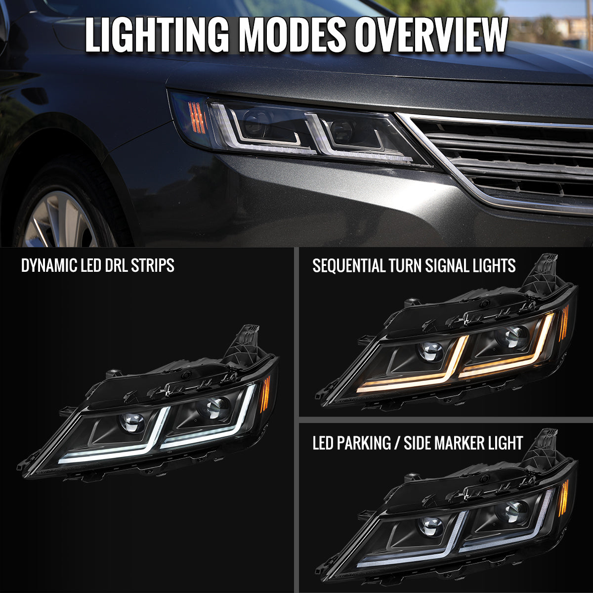 2014-2020 Chevy Impala Full LED DRL Sequential Headlights (Matte Black Housing / Clear Lens)