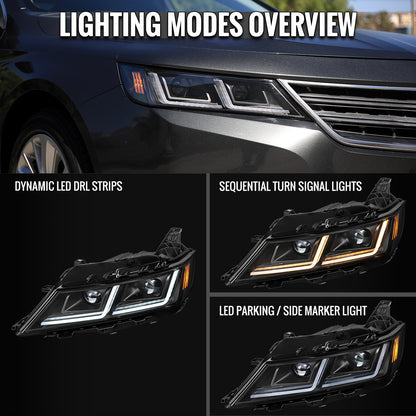 2014-2020 Chevy Impala Full LED DRL Sequential Headlights (Matte Black Housing / Clear Lens)