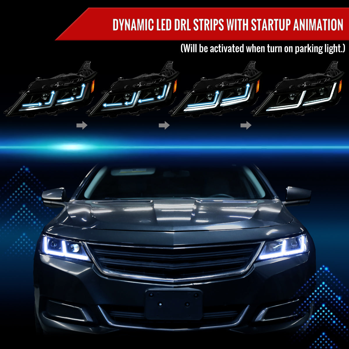 2014-2020 Chevy Impala Full LED DRL Sequential Headlights (Black Housing / Smoked Lens)
