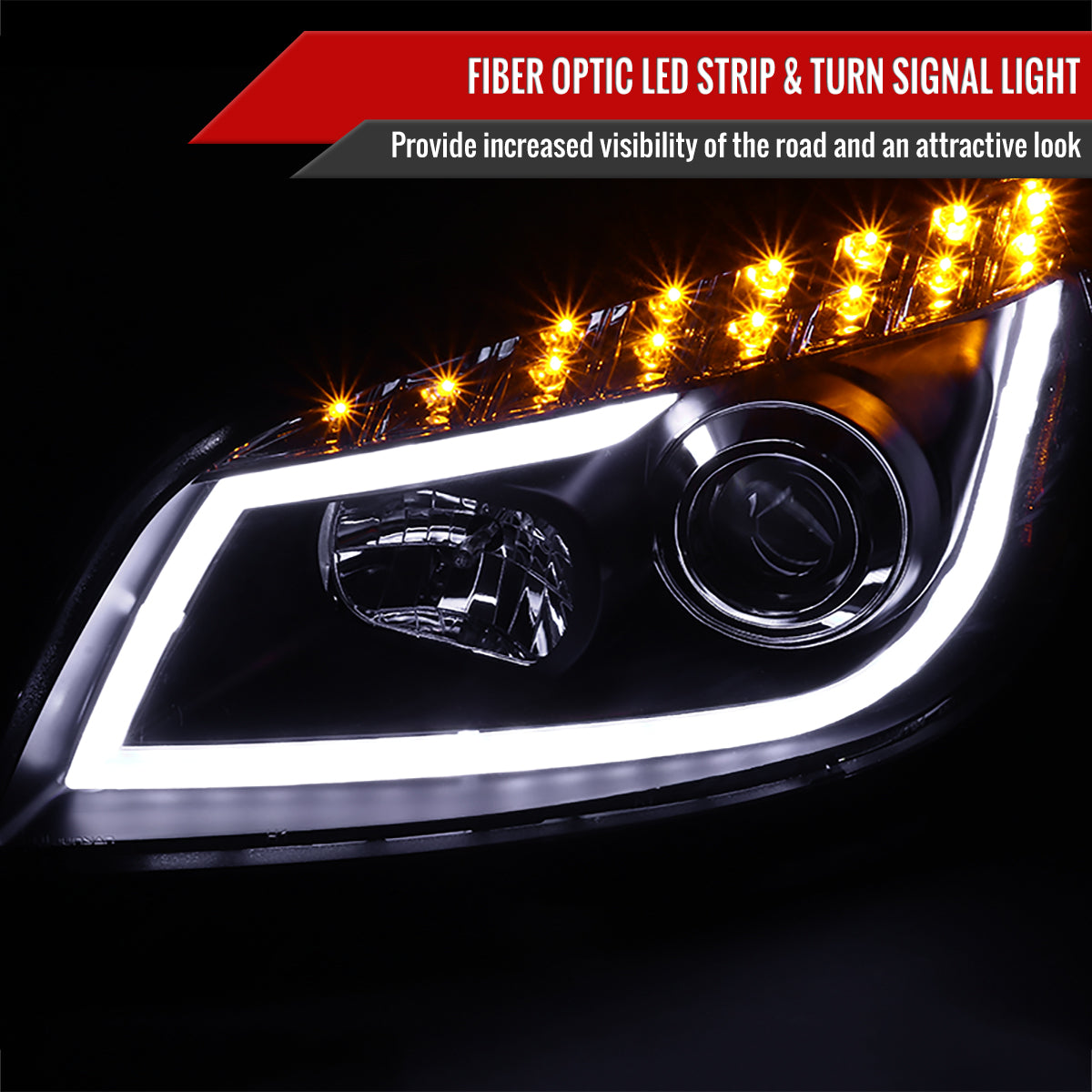 2008-2012 Chevrolet Malibu LS LT LTZ Hybrid LED Bar Projector Headlights w/ LED Turn Signal Lights (Matte Black Housing/Clear Lens)