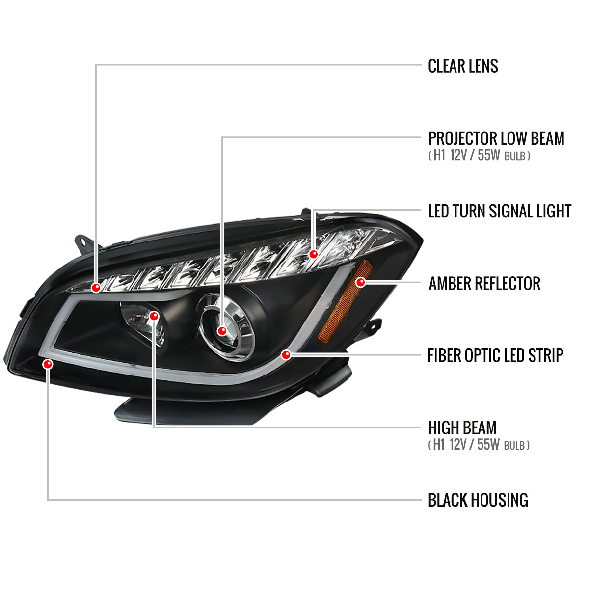 2008-2012 Chevrolet Malibu LS LT LTZ Hybrid LED Bar Projector Headlights w/ LED Turn Signal Lights (Matte Black Housing/Clear Lens)